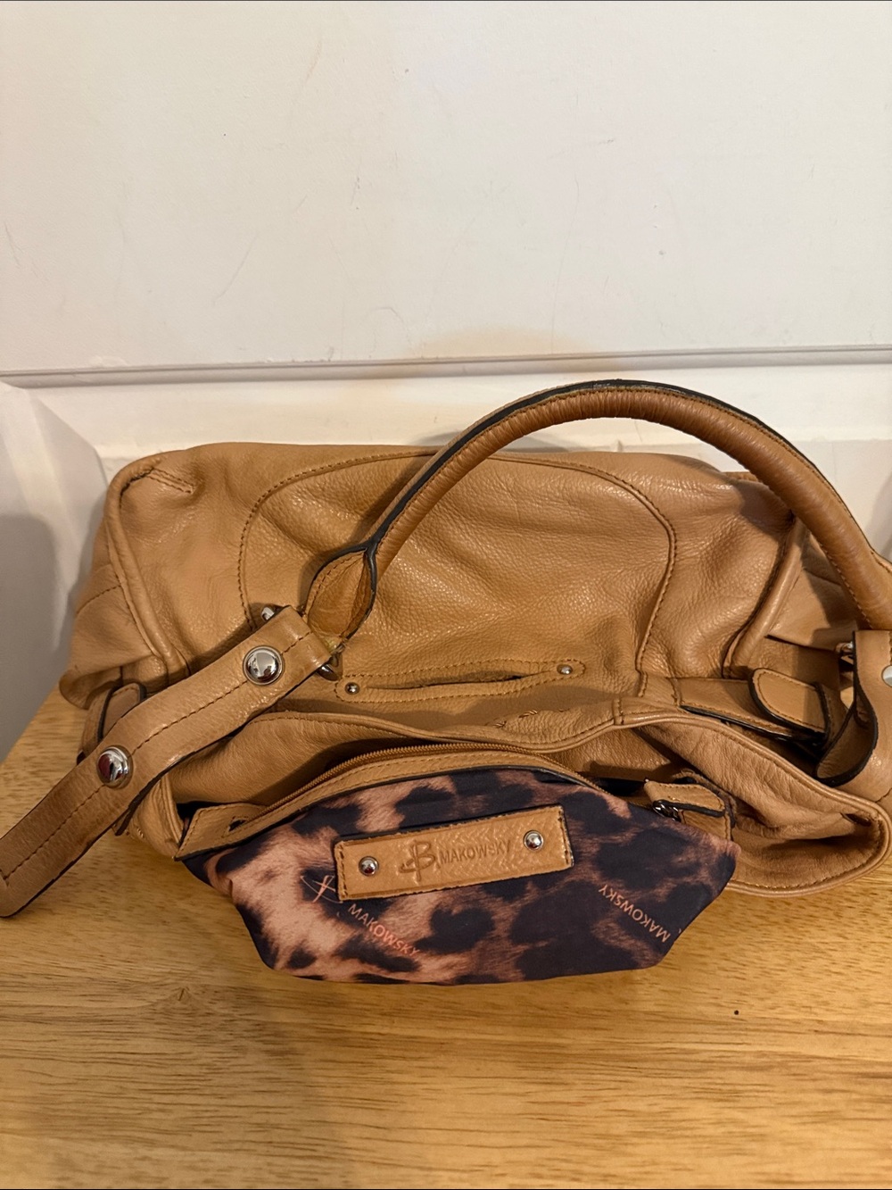 b. makowsky Tan Leather Shoulder Bag with Silver Hardware - Picture 7 of 13